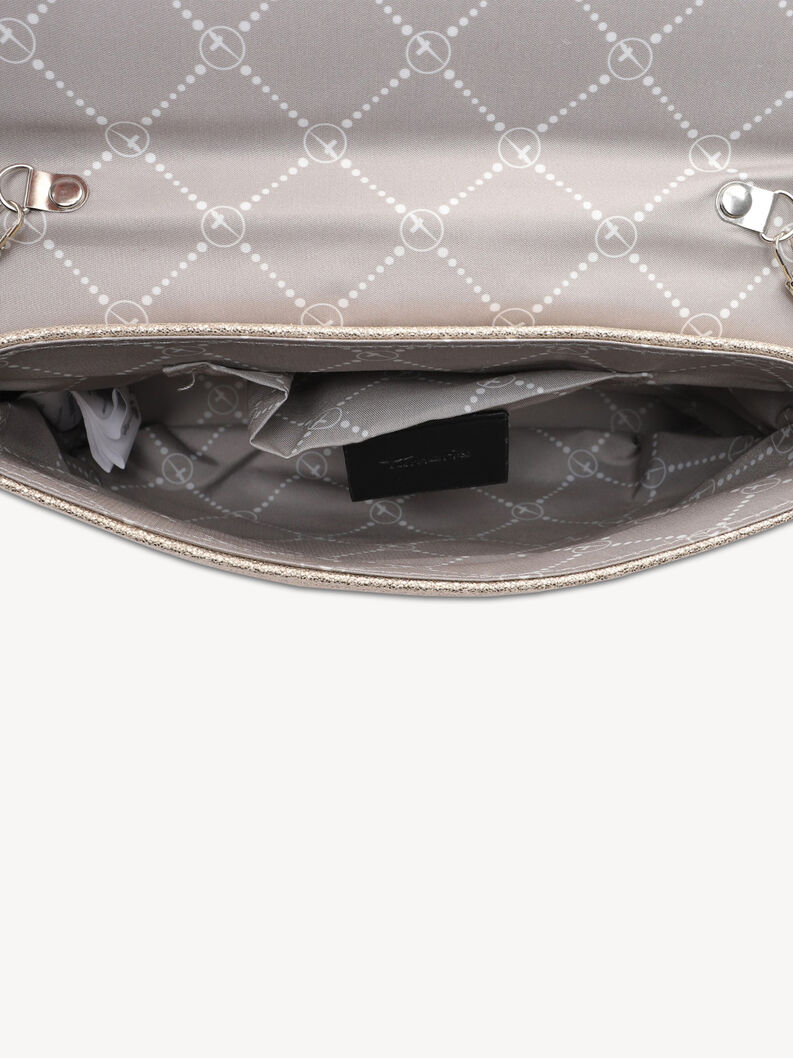 Inside view of elegant silver clutch with hidden pockets and lining