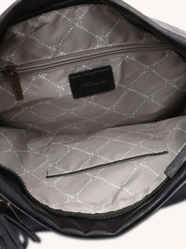 Innenansicht der schwarzen Leder-Tasche mit beige gemusterter Innenausstattung und Rei&szlig;verschlusstasche