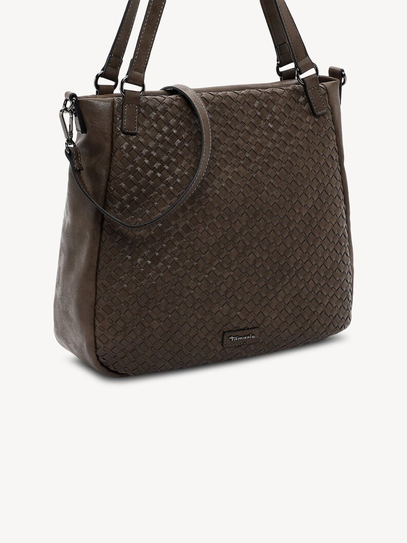 Bočn&iacute; pohled na tmavě hnědou propl&eacute;tanou kabelku s odn&iacute;mateln&yacute;m popruhem