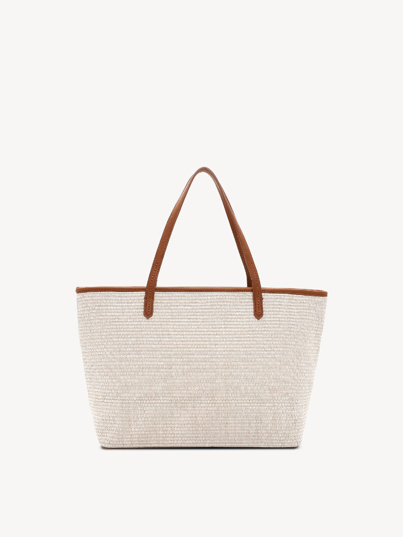 Tylny widok beżowej torby z brązowymi sk&oacute;rzanymi uchwytami i plecioną fakturą