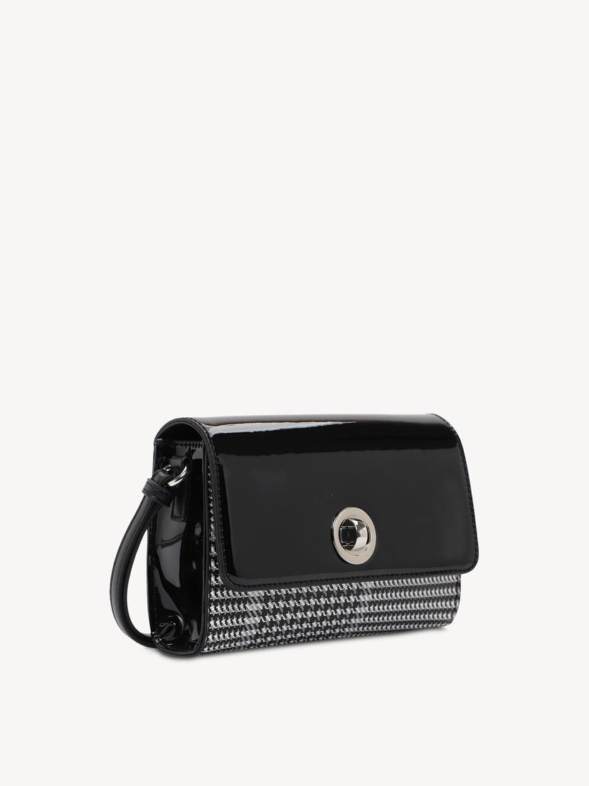 Zijaanzicht van zwarte lakleren tas met pepita patroon en zilveren sluiting