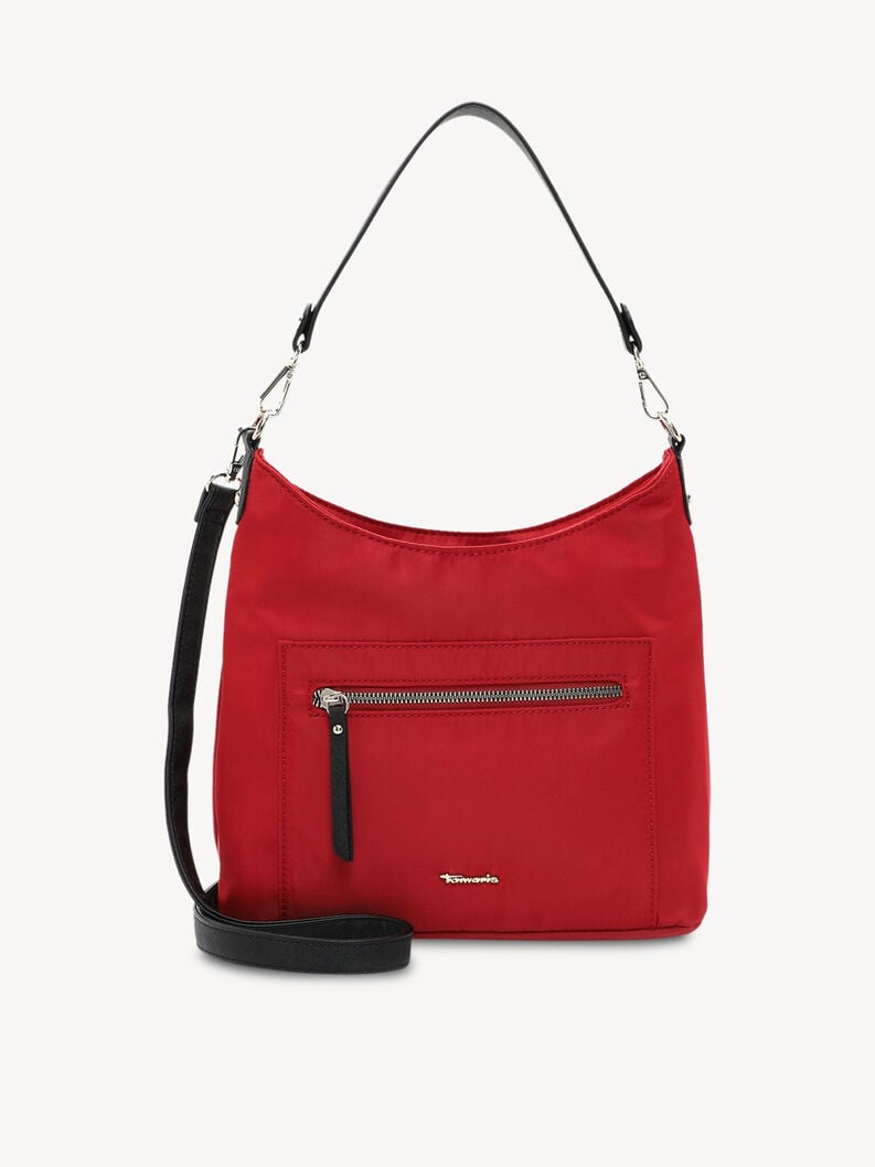 R&oslash;d nylon skuldertaske til kvinder med sorte h&aring;ndtag og lynl&aring;s