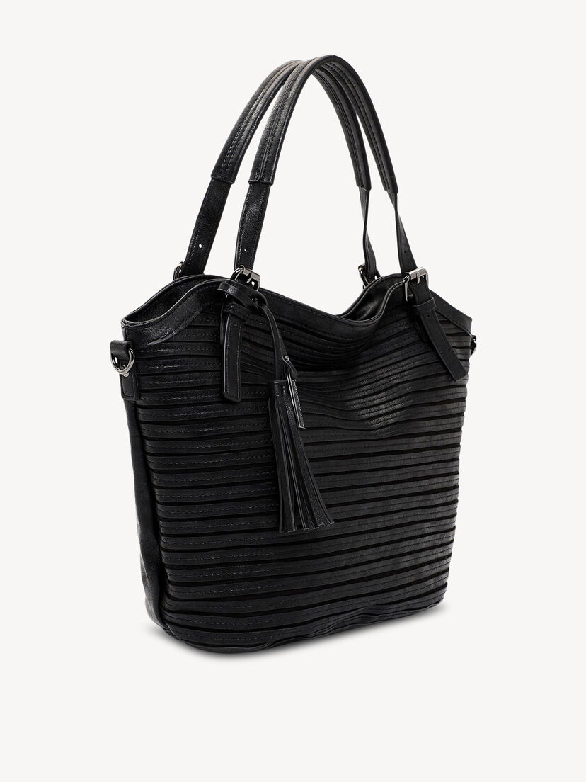 Zwarte leren tas met lange handvatten en horizontaal gestreept ontwerp