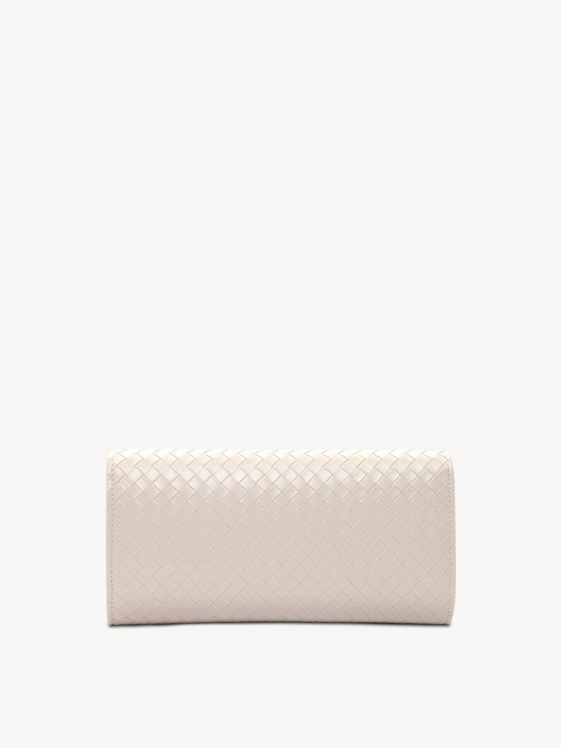 Back of elegant beige women&rsquo;s clutch featuring woven pattern