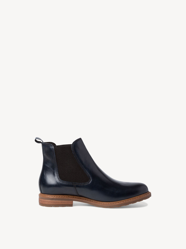 Seitenansicht dunkelblauer Chelsea-Lederstiefel mit elastischen Eins&auml;tzen