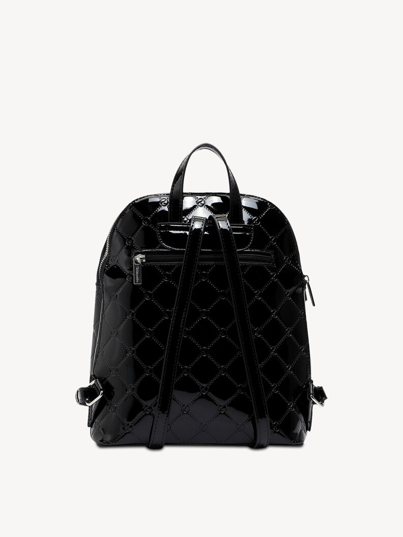 Widok z tyłu czarnego błyszczącego damskiego plecaka z pikowanym wzorem i regulowanymi paskami