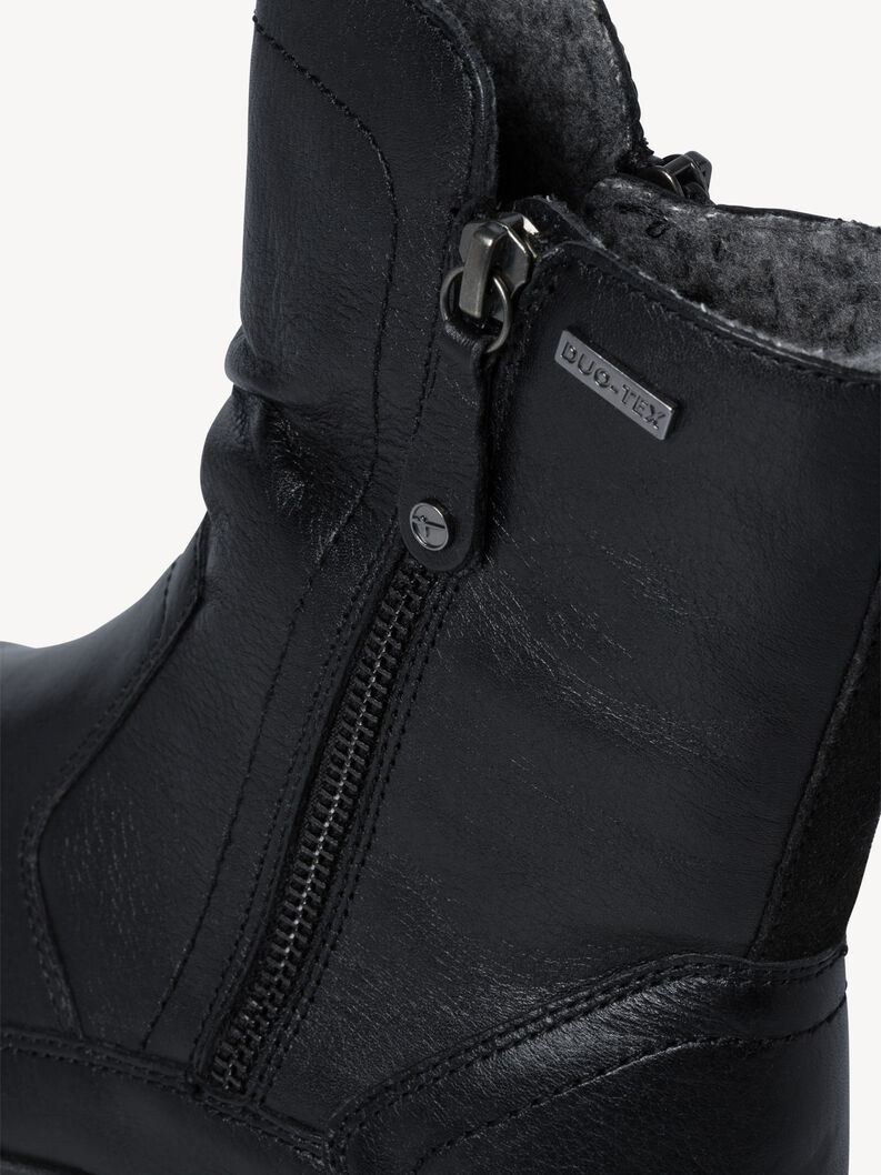 Details of black leather winter ankle boot with zipper and lining