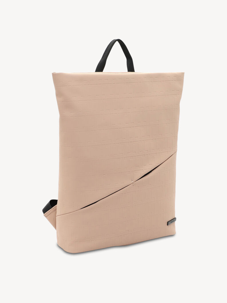 Weiterer Blickwinkel auf beigen modernen Rucksack mit schwarzen Tr&auml;gern