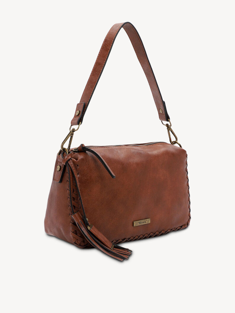 Seitenansicht braune Kunstledertasche mit Ziern&auml;hten und Quaste