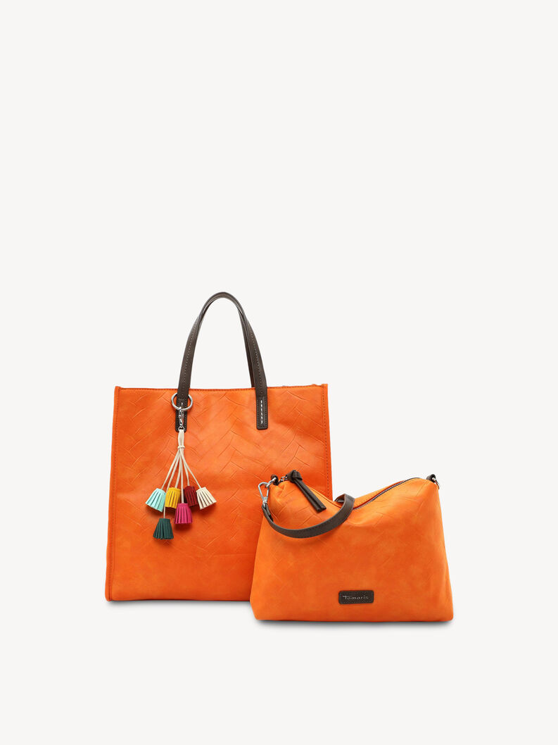 Sac &agrave; main en cuir orange avec pompons color&eacute;s et petit sac orange