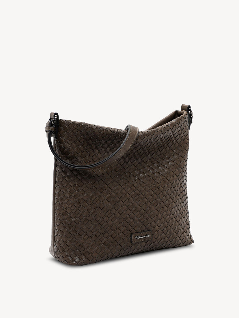 zijaanzicht van bruine tas met geweven textuur en schouderriem