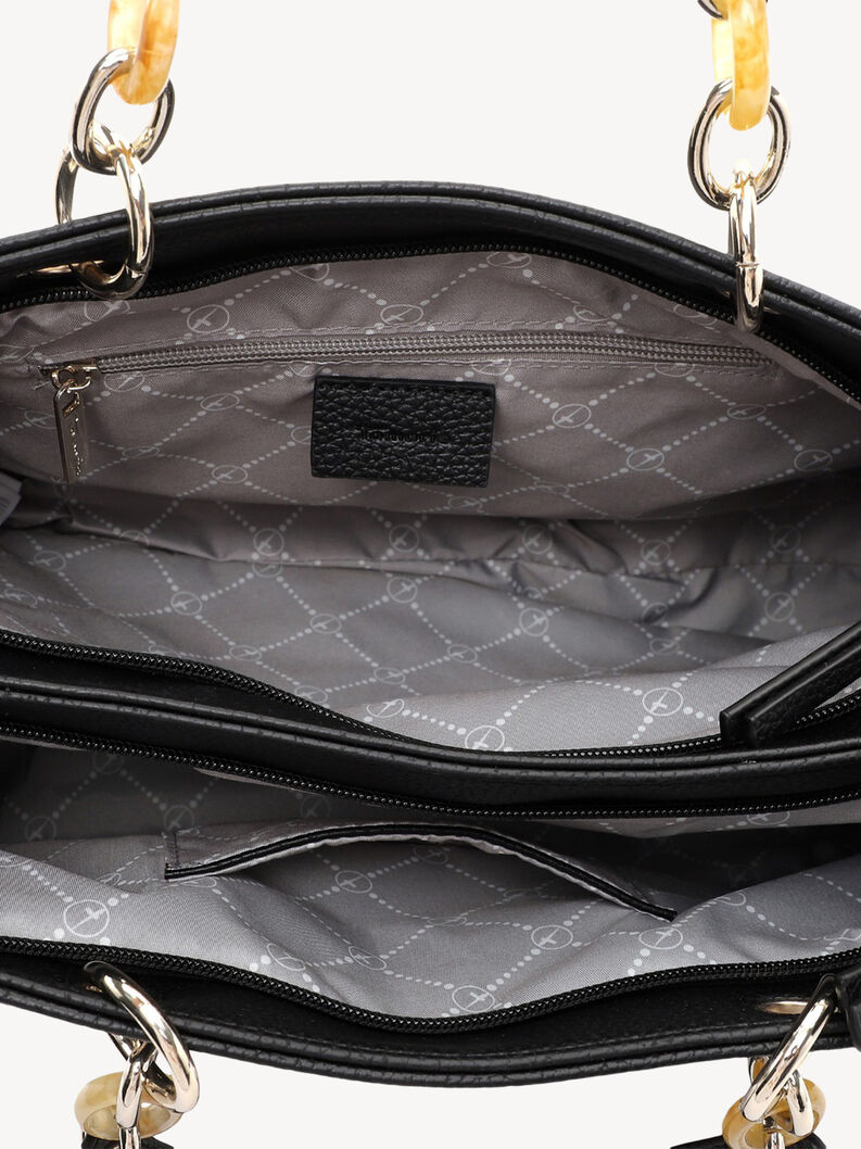 Detailansicht des Innenraums einer schwarzen Lederhandtasche mit Rei&szlig;verschlusstasche