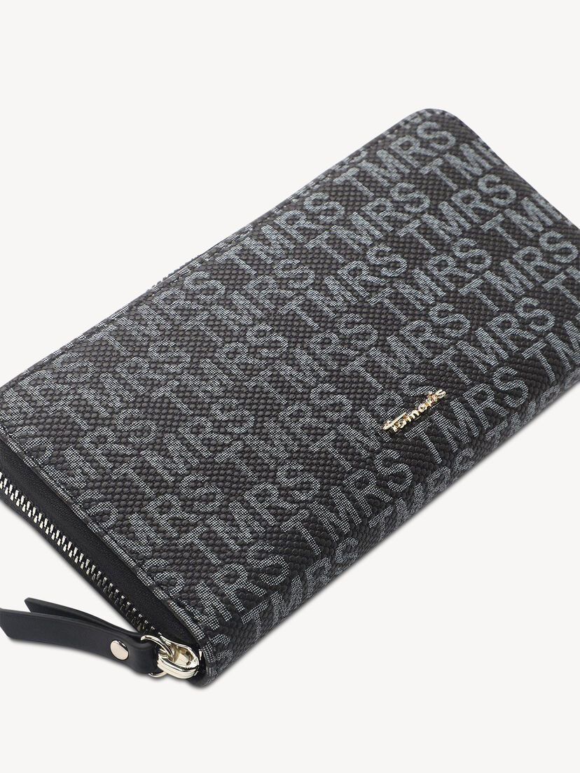 Close-up van zwarte portemonnee met grijs patroon en zilveren rits