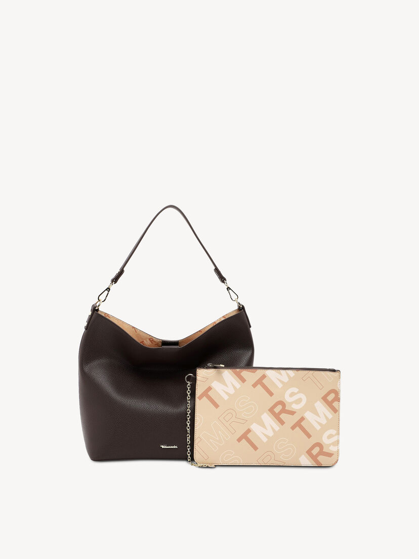 Bruine leren tas met gestructureerd oppervlak en bijpassend logozakje