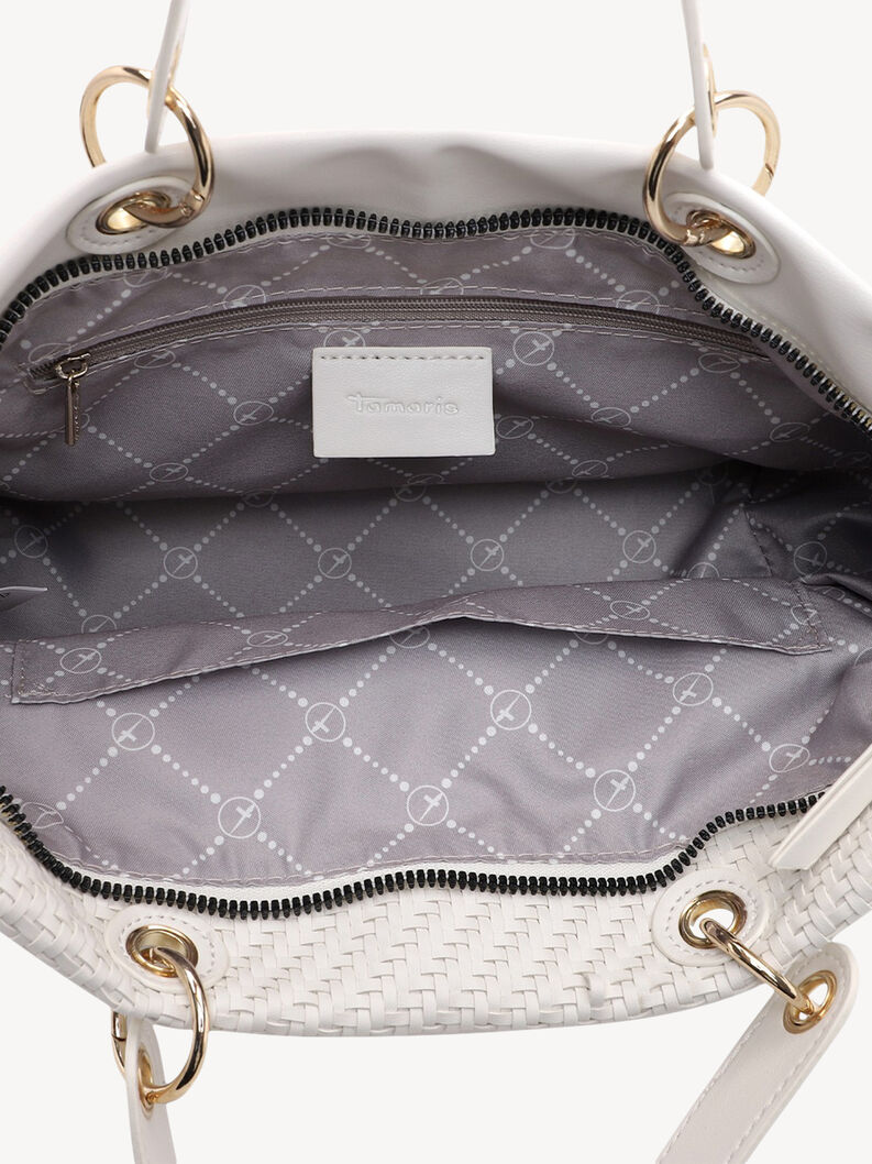 Pohled dovnitř b&iacute;l&eacute; kabelky s vnitřn&iacute; kapsou na zip a &scaron;edou pod&scaron;&iacute;vkou