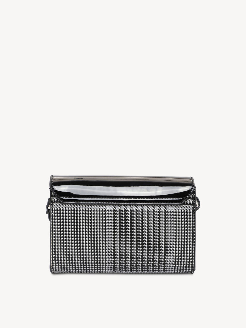 Achterzijde van zwarte lakleren tas met stijlvol pepita patroon