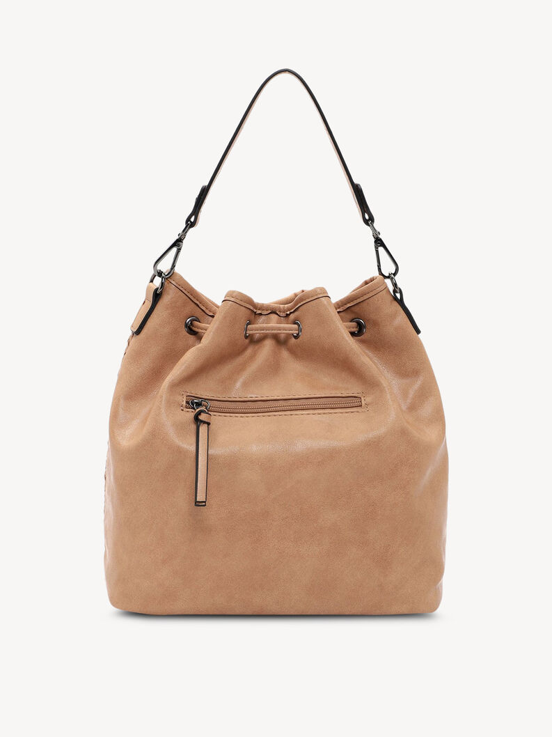 Smooth brown shoulder bag with outer zip pocket and drawstring