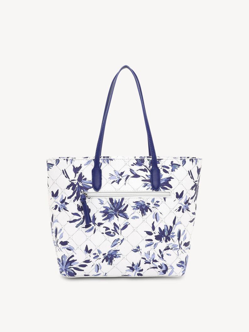 R&uuml;ckseite der wei&szlig;en Blumen-Tasche mit blauem Rei&szlig;verschluss