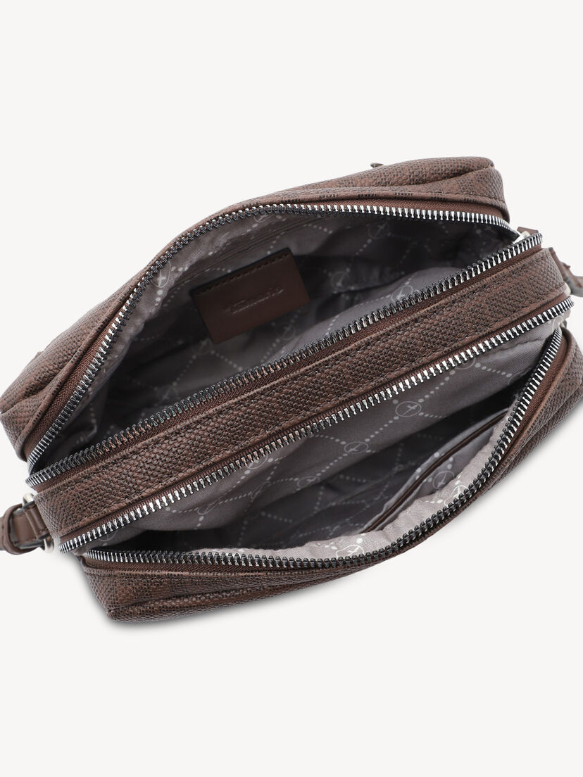 Stevig ritssluiting interieur van bruine crossbodytas met logo