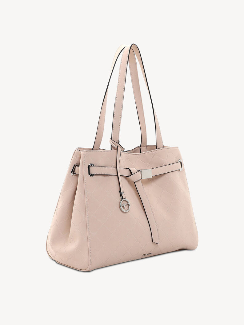 Side view of pink women's faux leather handbag with quilted design