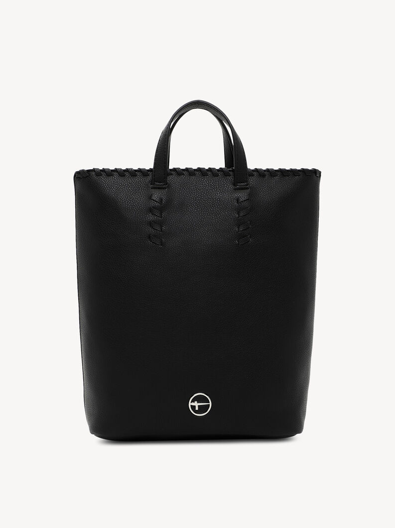 Czarny sk&oacute;rzany plecak z ozdobnym splotem i srebrnym logo