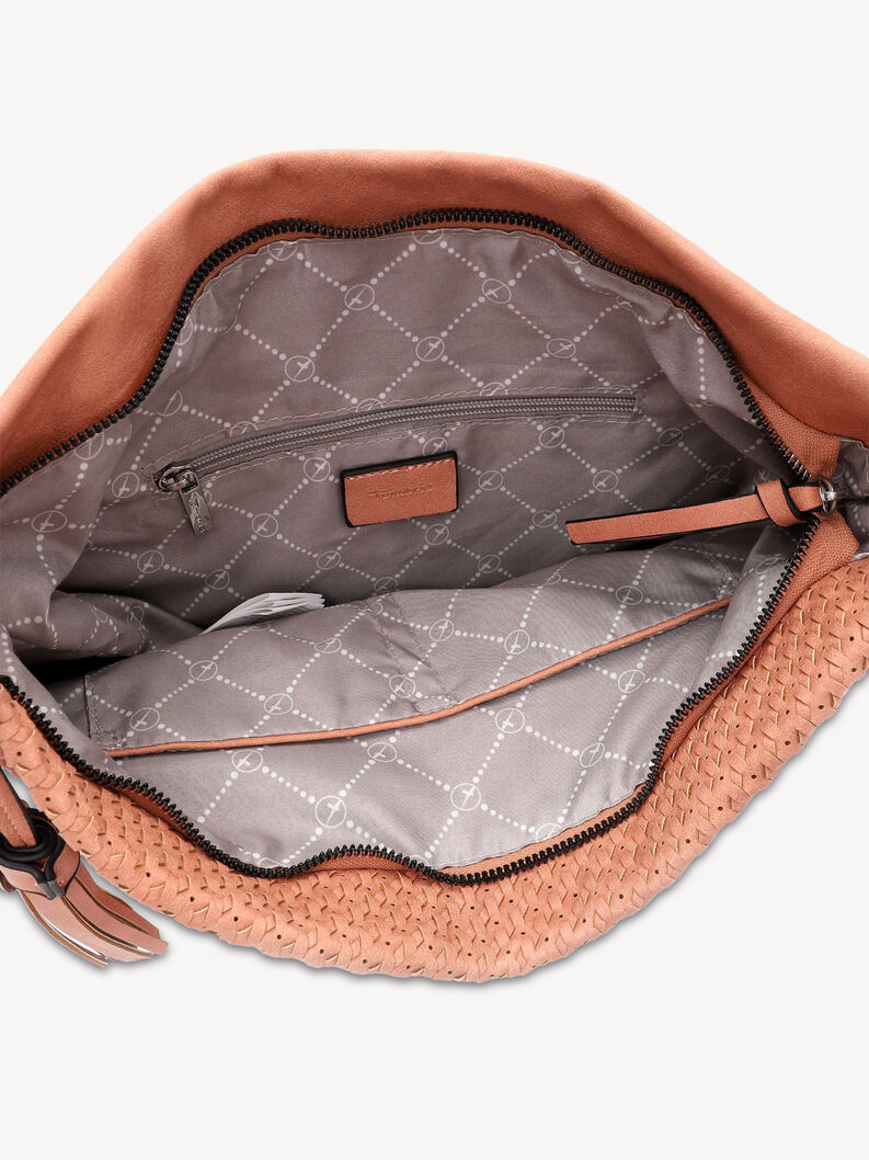 Salmon pink interior lining with pattern and zippered pocket inside