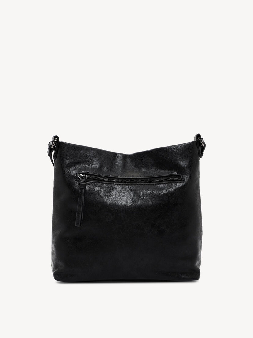 Achterkant van zwarte schoudertas van glad nepleer met ritsvak