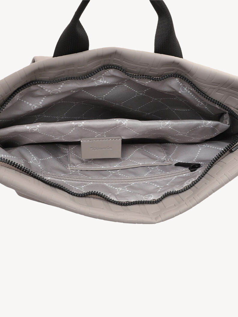 Innenansicht eines beigen Rucksacks mit mehreren Rei&szlig;verschlusstaschen