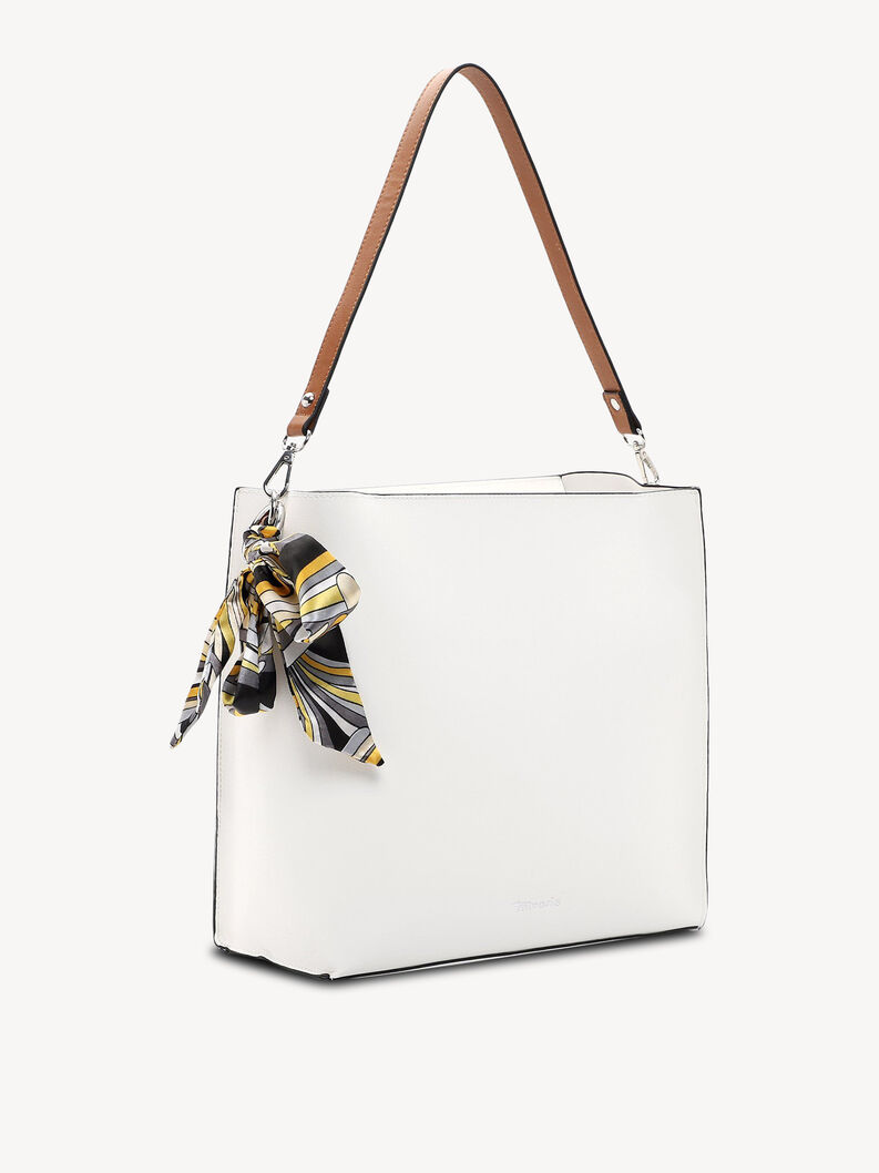 Sac en cuir blanc avec bandouli&egrave;re marron et foulard jaune &agrave; motifs