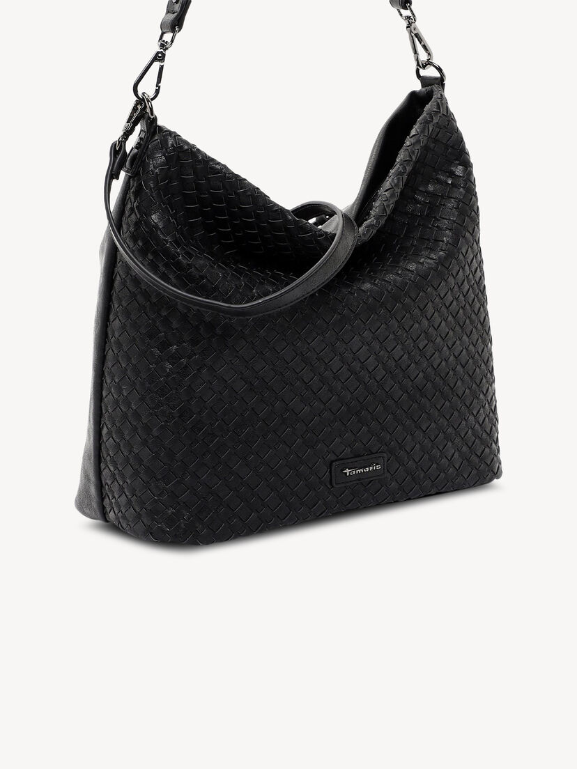 Zwarte dames handtas van kunstleer met gevlochten patroon, achterkant detail