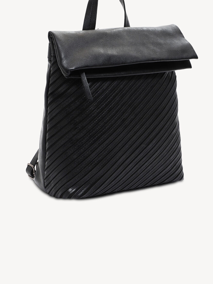 Zwarte leren rugzak met overslagklep en diagonale strepen, zijaanzicht