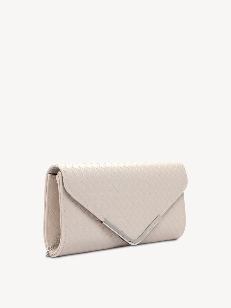 Angled view of beige clutch with fine texture and metal trim