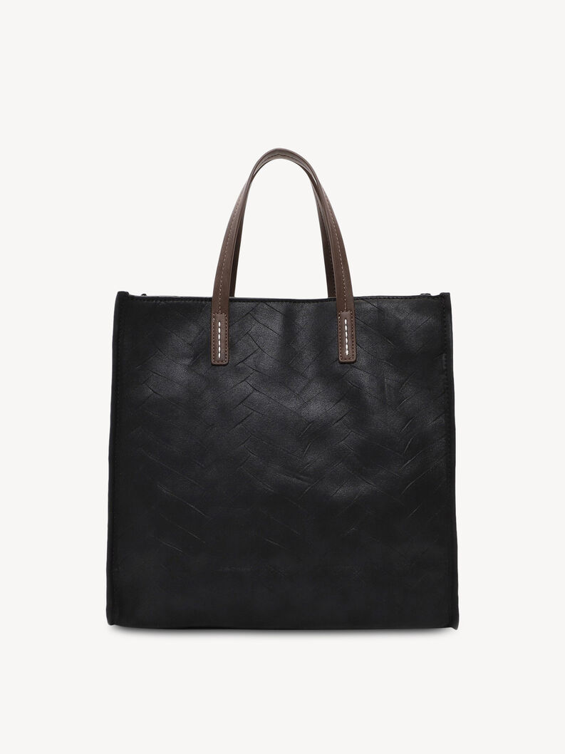 R&uuml;ckseite einer schwarzen Kunstledertasche mit braunen Griffen