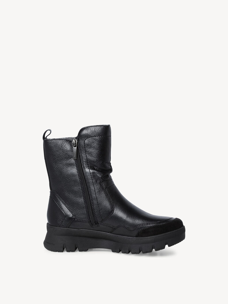 Black leather winter ankle boot with rugged rubber sole and zipper