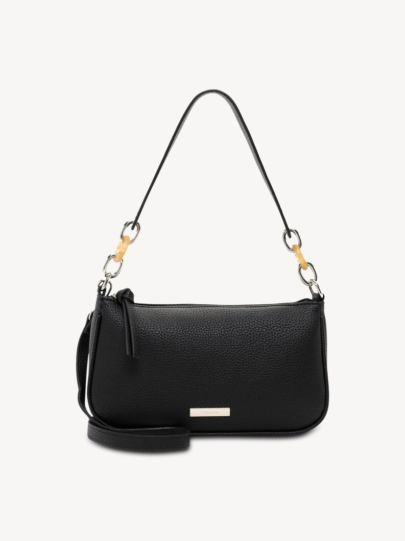 Black textured leather handbag with light brown ring accents