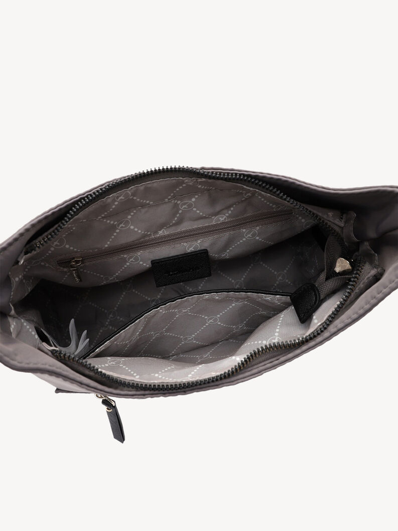 Interior of grey handbag with inner zipper pocket and fabric lining
