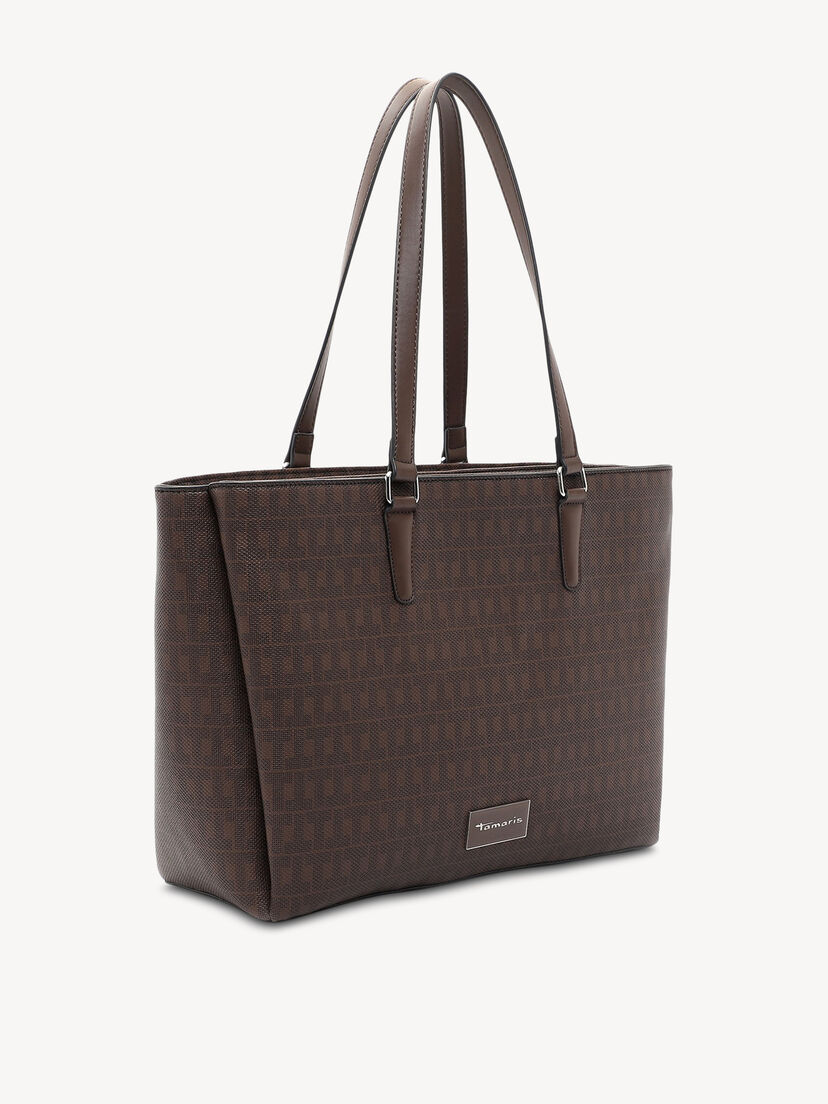 Zijaanzicht van bruine Tamaris handtas met patroon en dubbele handvatten