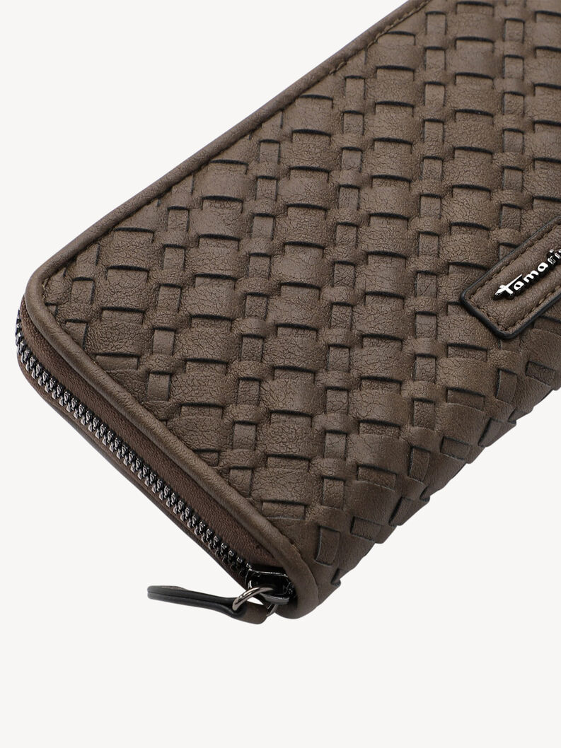 Close-up of brown Tamaris wallet with woven pattern and metal zipper pull