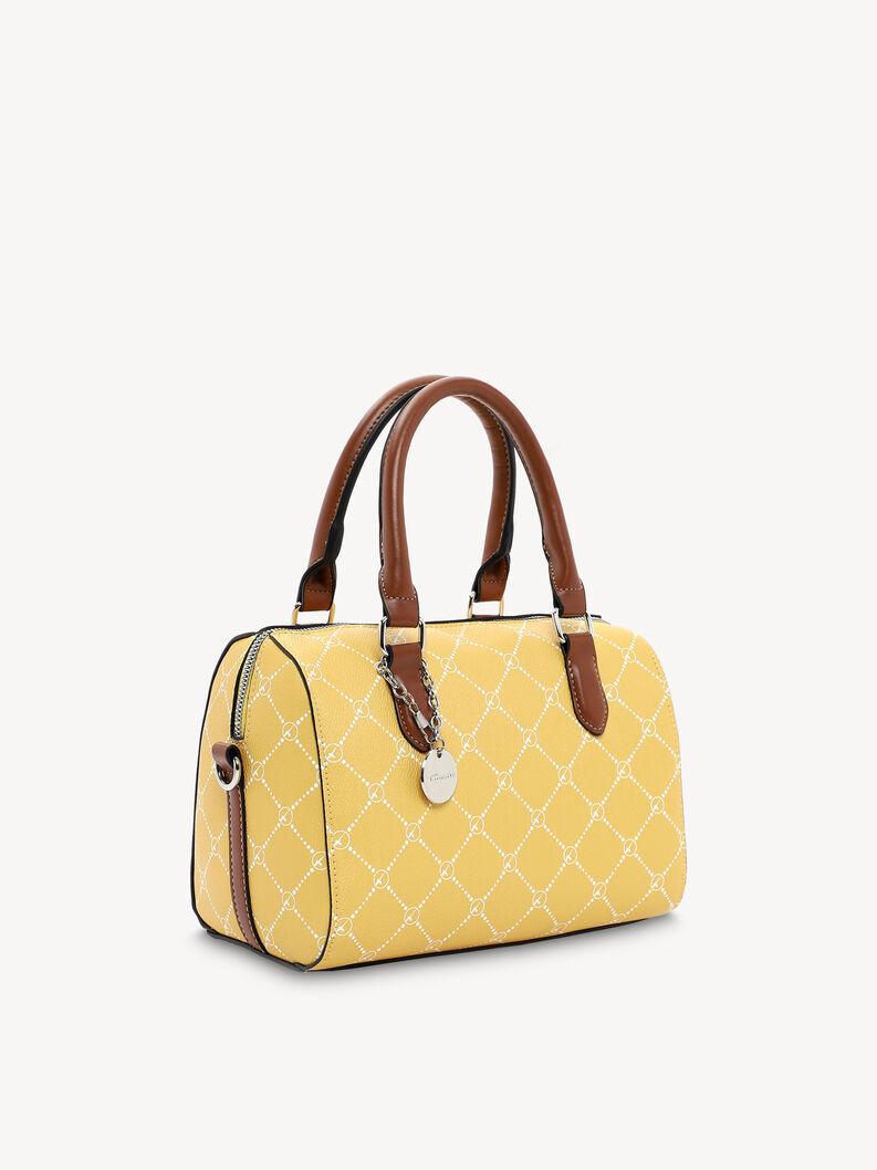 Ż&oacute;łta torebka z wzorem i regulowanym brązowym sk&oacute;rzanym paskiem