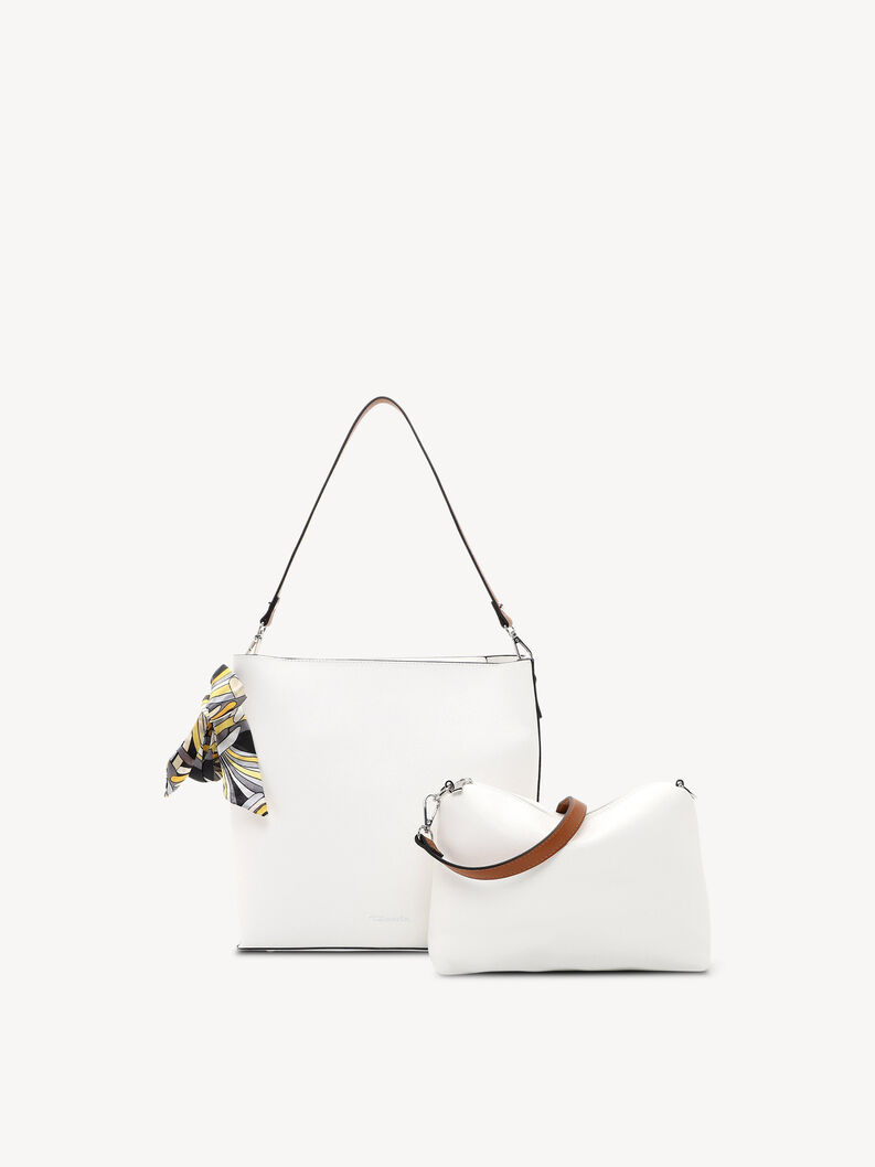 Ensemble de sacs en cuir blanc avec foulard jaune &agrave; motifs et bandouli&egrave;re amovible