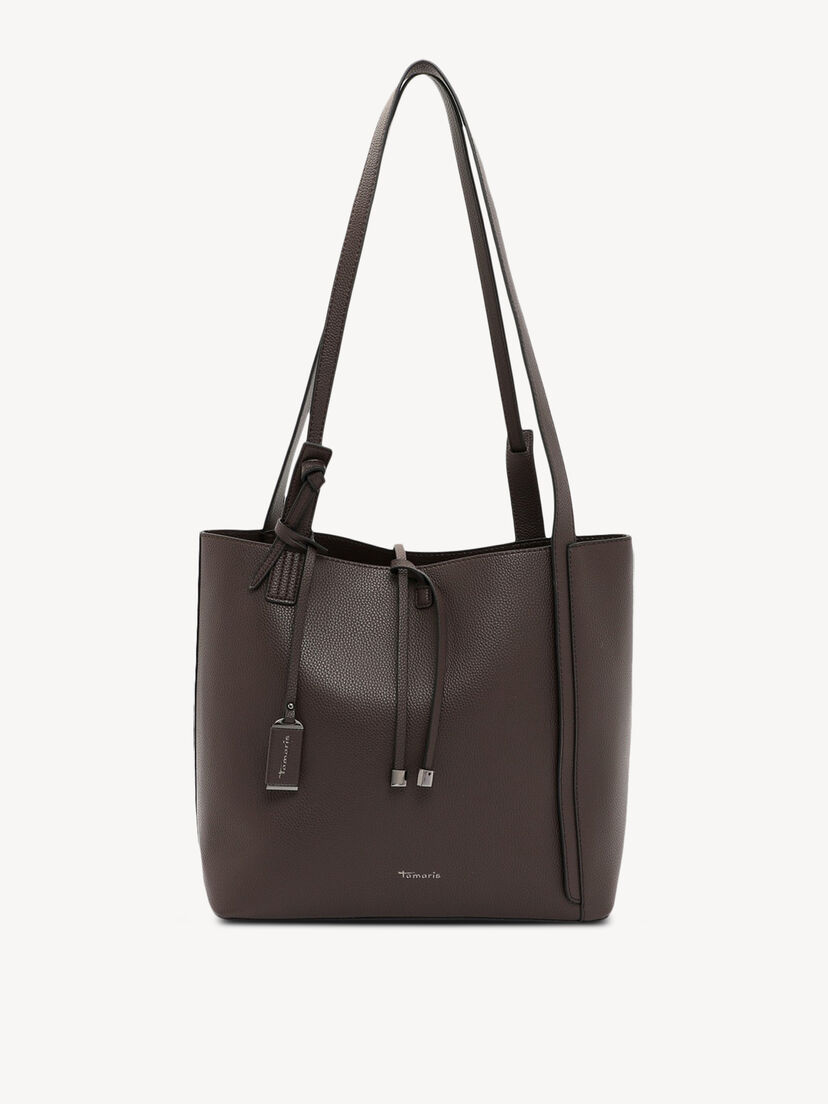 Bruine leren shopper tas met lange hengsels en decoratief koord