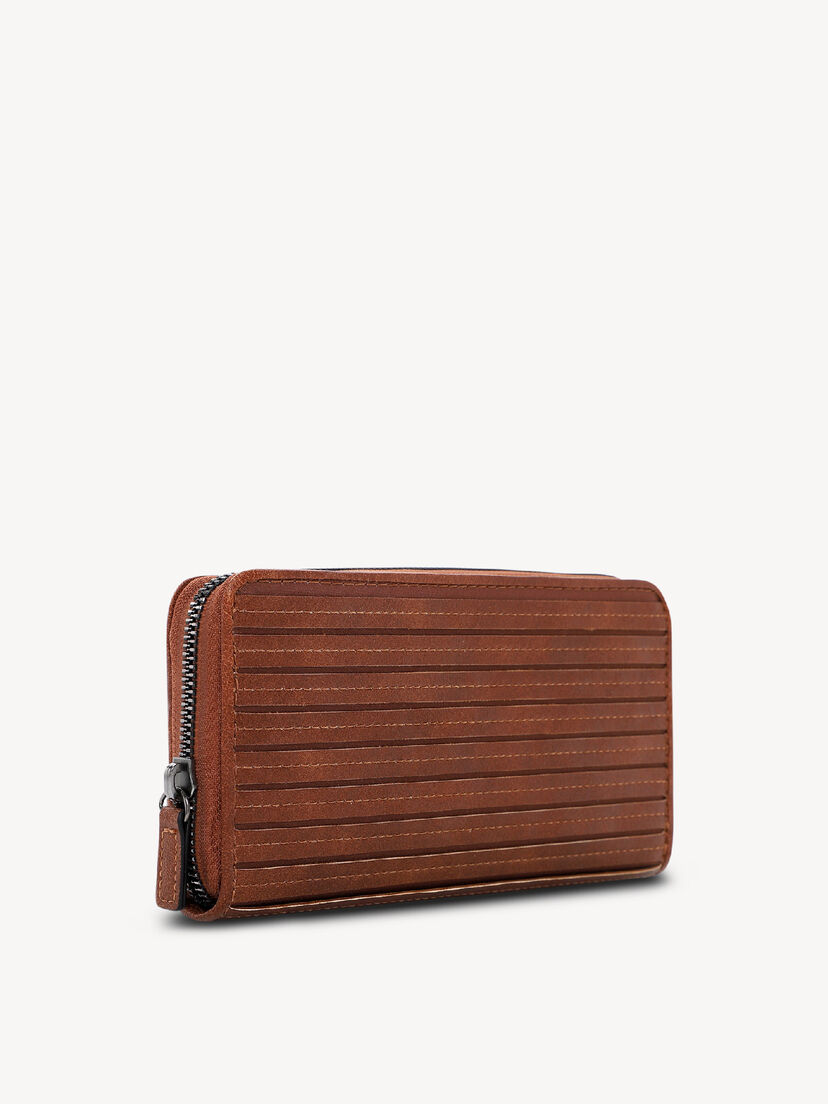 Bruine leren portemonnee met ritssluiting en gestikte details