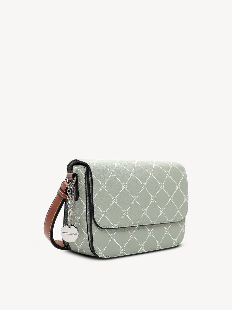 Grey-green crossbody bag with white pattern and brown leather strap
