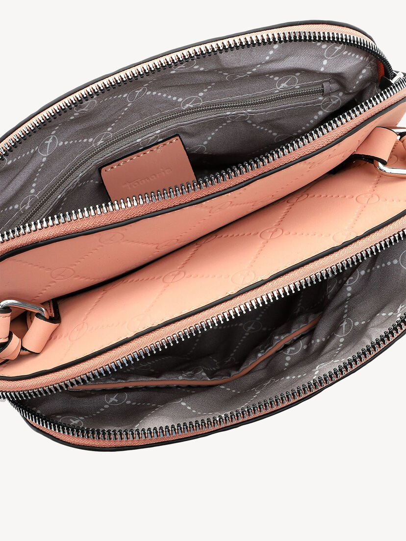 Binnenkant roze crossbody tas met grijze voering en zakken