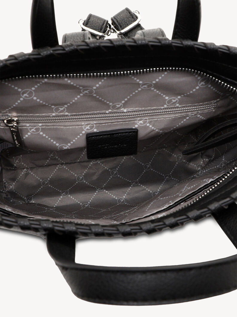 Zbliżenie na szare tekstylne wnętrze z logo i kieszenią na zamek