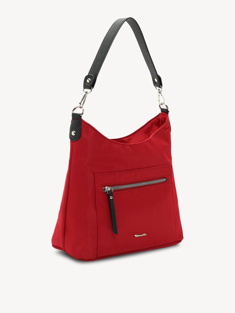 Sidevisning af r&oslash;d nylon skuldertaske med sorte stropper