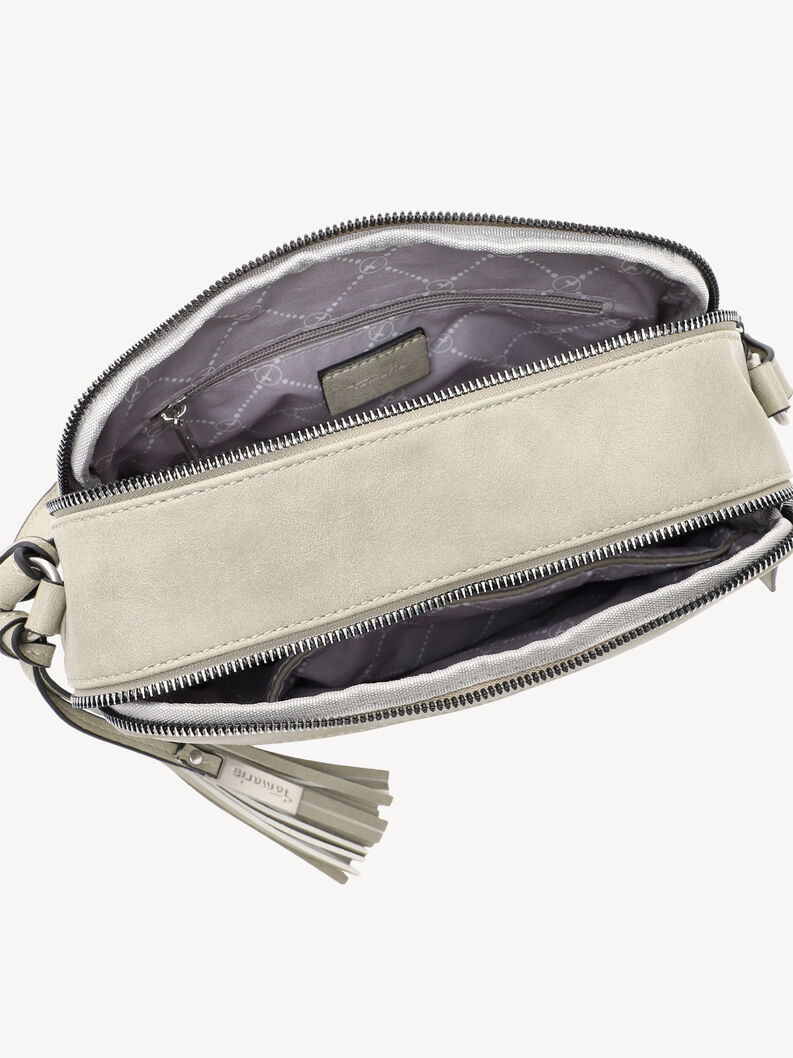 Ge&ouml;ffneter Innenraum einer beigen Kunstledertasche mit Innenfach