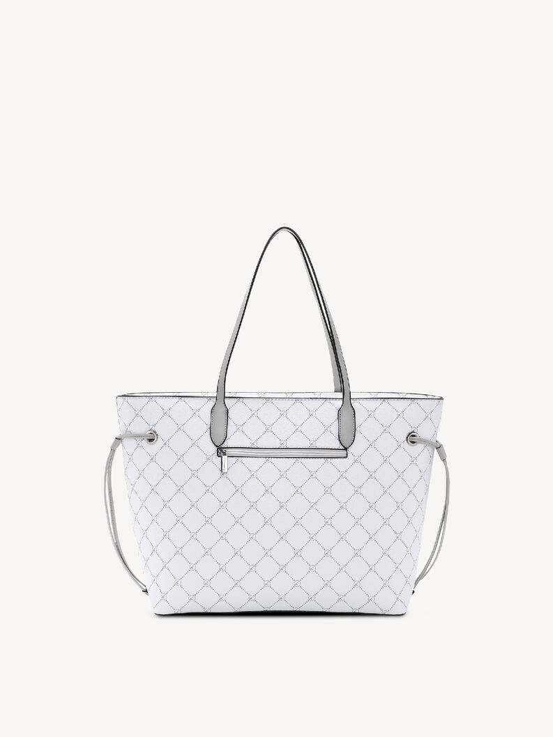 R&uuml;ckseite einer wei&szlig;en Tasche mit grauem Muster und hinterem Rei&szlig;verschluss