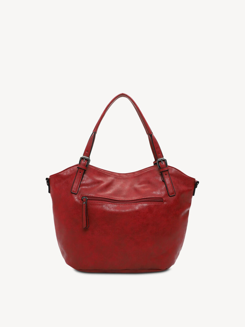 Back of red leather handbag with zippered pocket detail