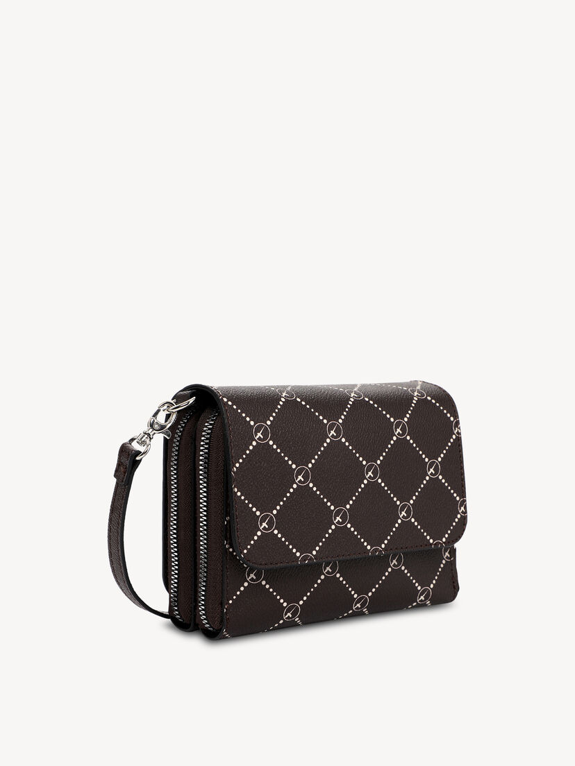 Zijaanzicht van bruine crossbody tas met wit patroon en rits